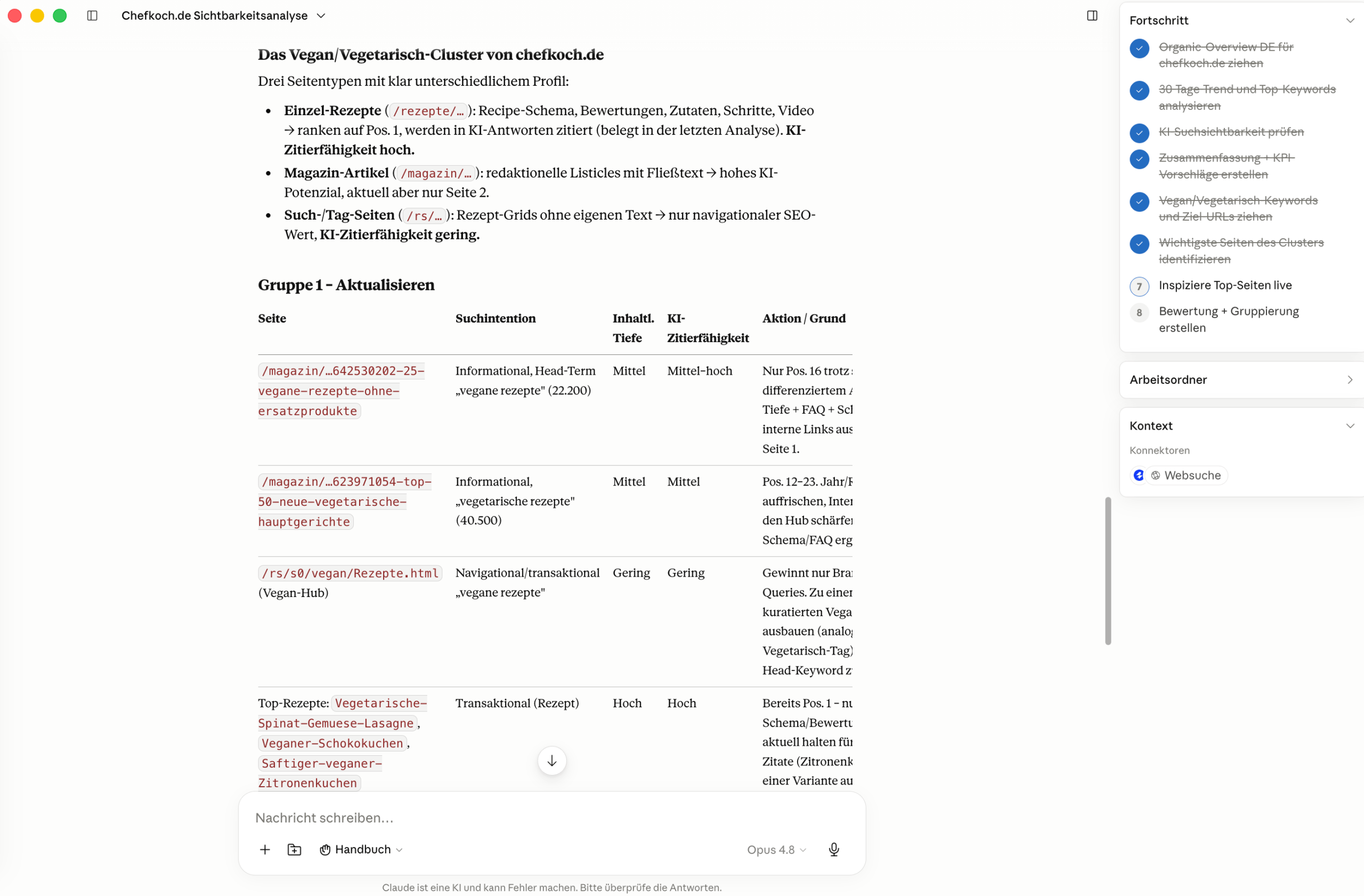 KI-gestütztes Content-Audit nach Seitenqualität Claude bewertet mit SE Ranking-Daten bestehende Seiten von chefkoch.de und teilt sie in aktualisieren, zusammenführen und entfernen ein