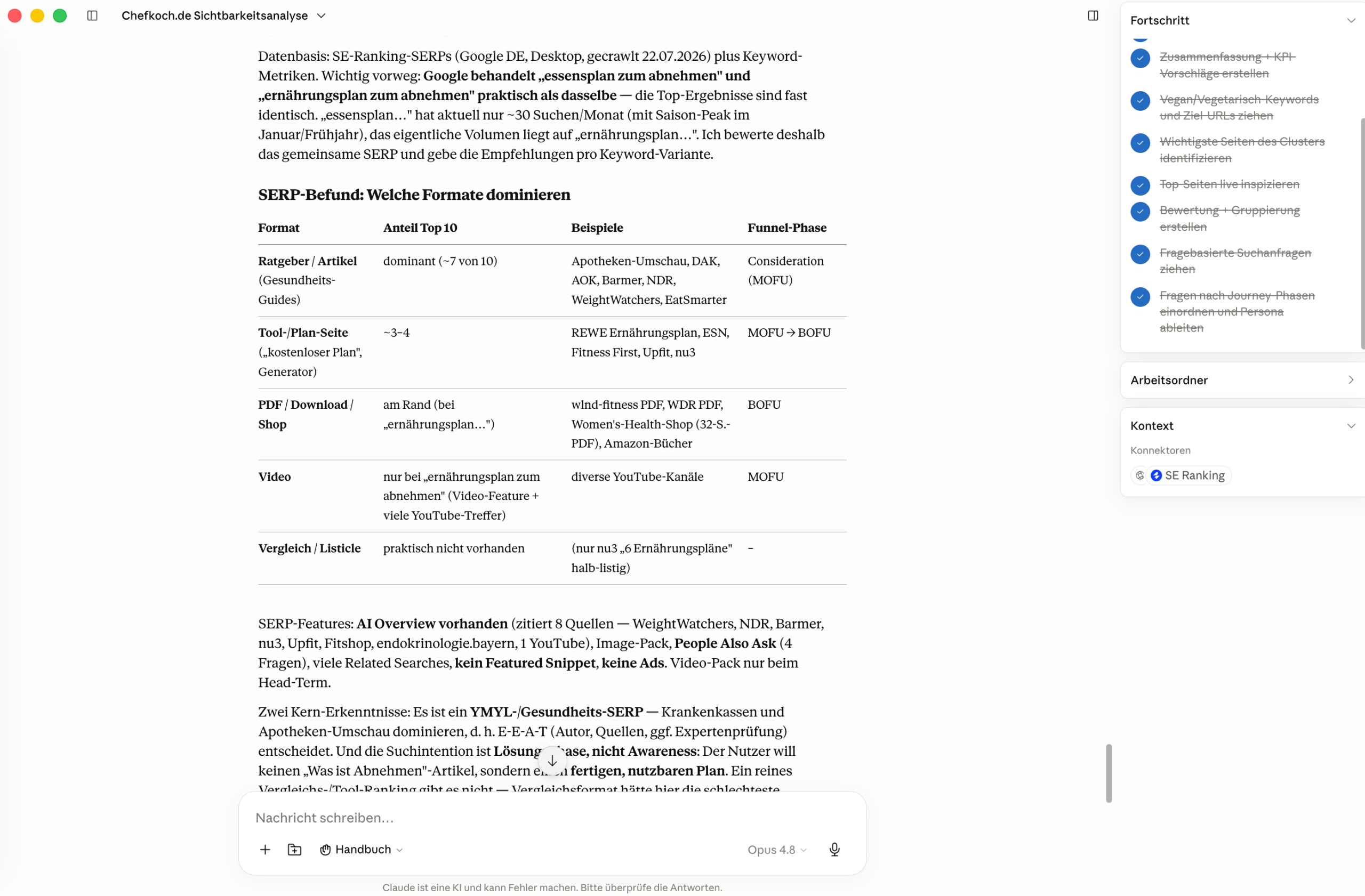 KI empfiehlt Content-Formate nach SERP-Analyse KI-Assistent prüft mit SE Ranking-Daten, welche Content-Formate für die Ziel-Keywords von chefkoch.de in der Suche ranken
