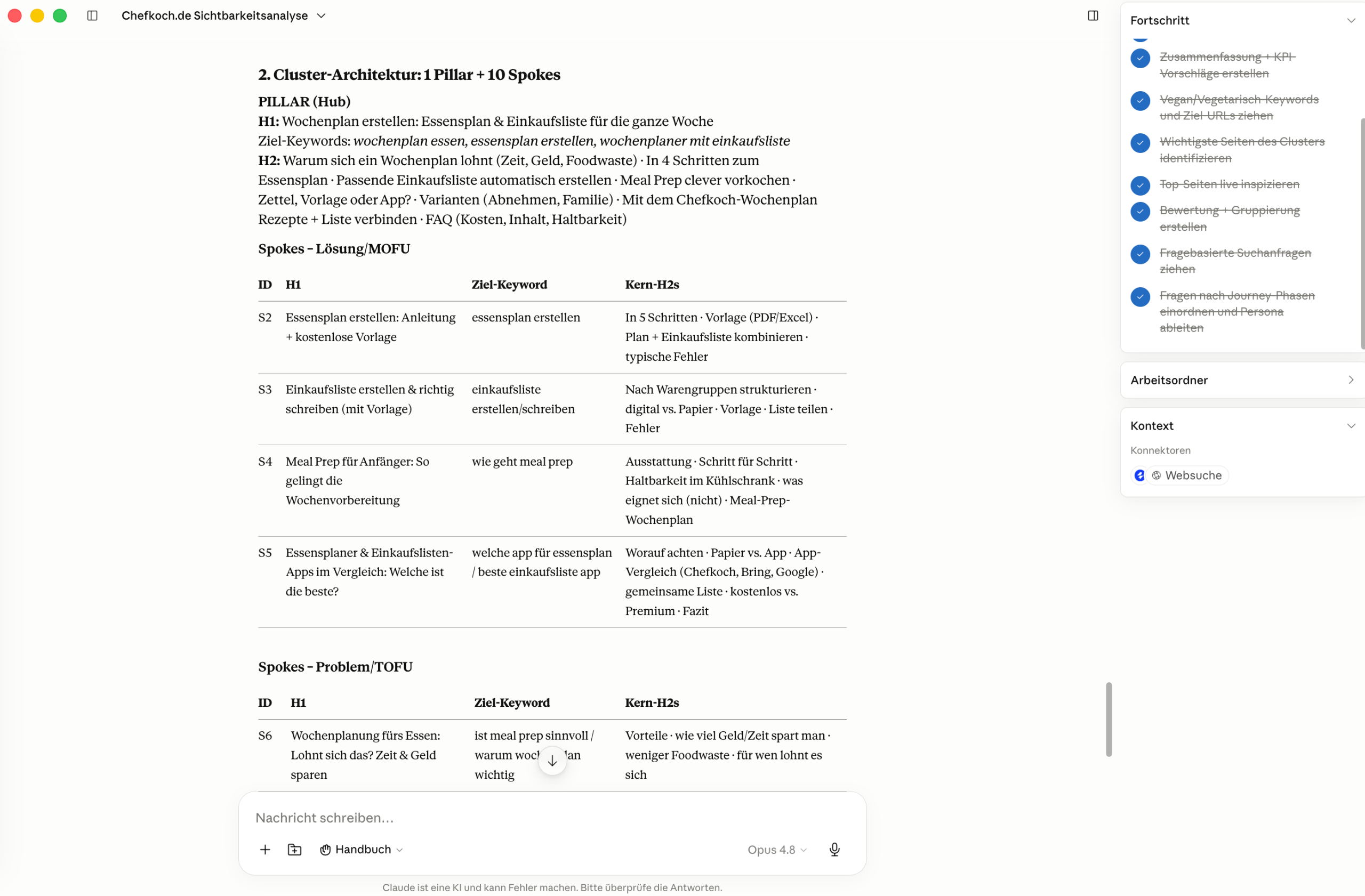 KI erstellt Content-Cluster mit Pillar- und Spoke-Struktur Claude erstellt mit den Claude Content Skills einen Content-Cluster-Plan mit Pillar- und Spoke-Seiten für chefkoch.de
