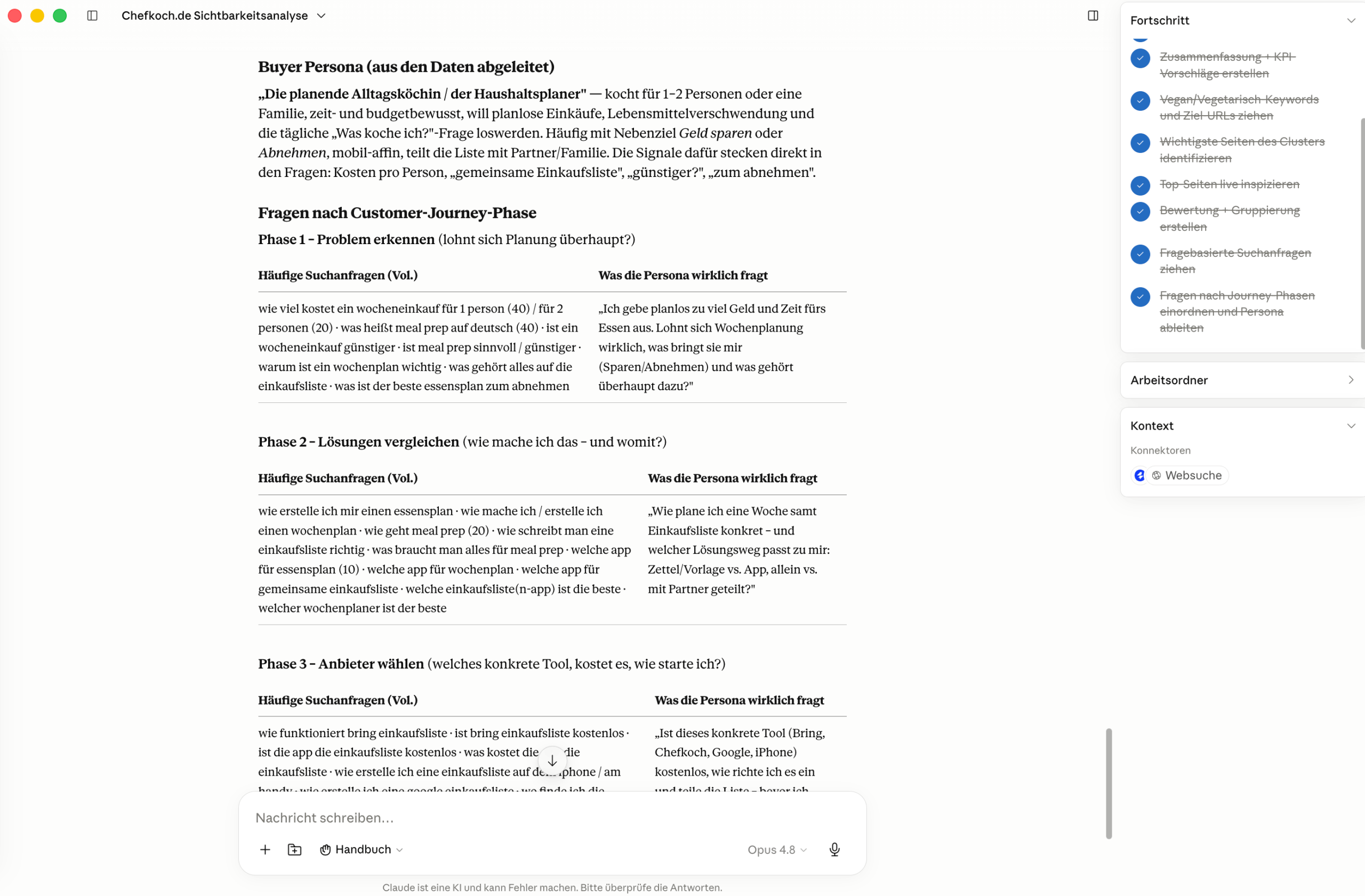 KI-Zielgruppenanalyse entlang der Customer Journey Claude ordnet fragebasierte Suchanfragen von chefkoch.de den Phasen der Customer Journey zu und schärft die Buyer Persona