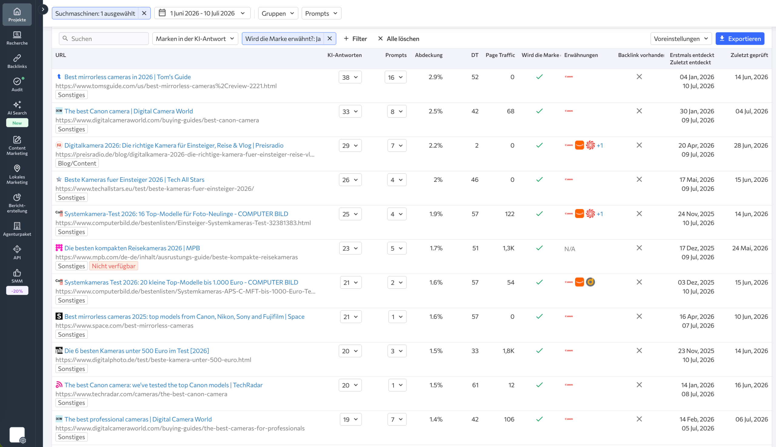Die Liste der KI-Quellen im KI-Ergebnis-Tracker von SE Ranking KI-Quellen im KI-Ergebnis-Tracker von SE Ranking
