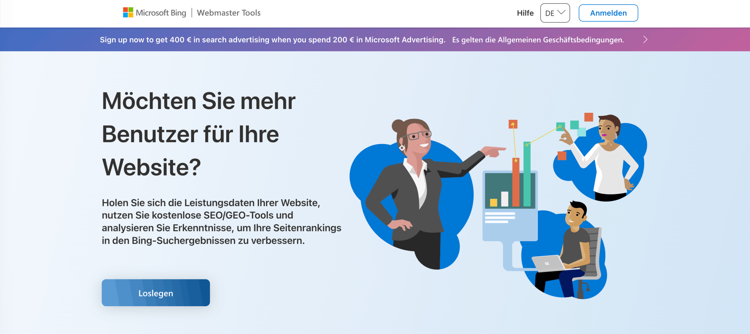 Bing Webmaster Tools Homepage Startseite von Bing Webmaster Tools