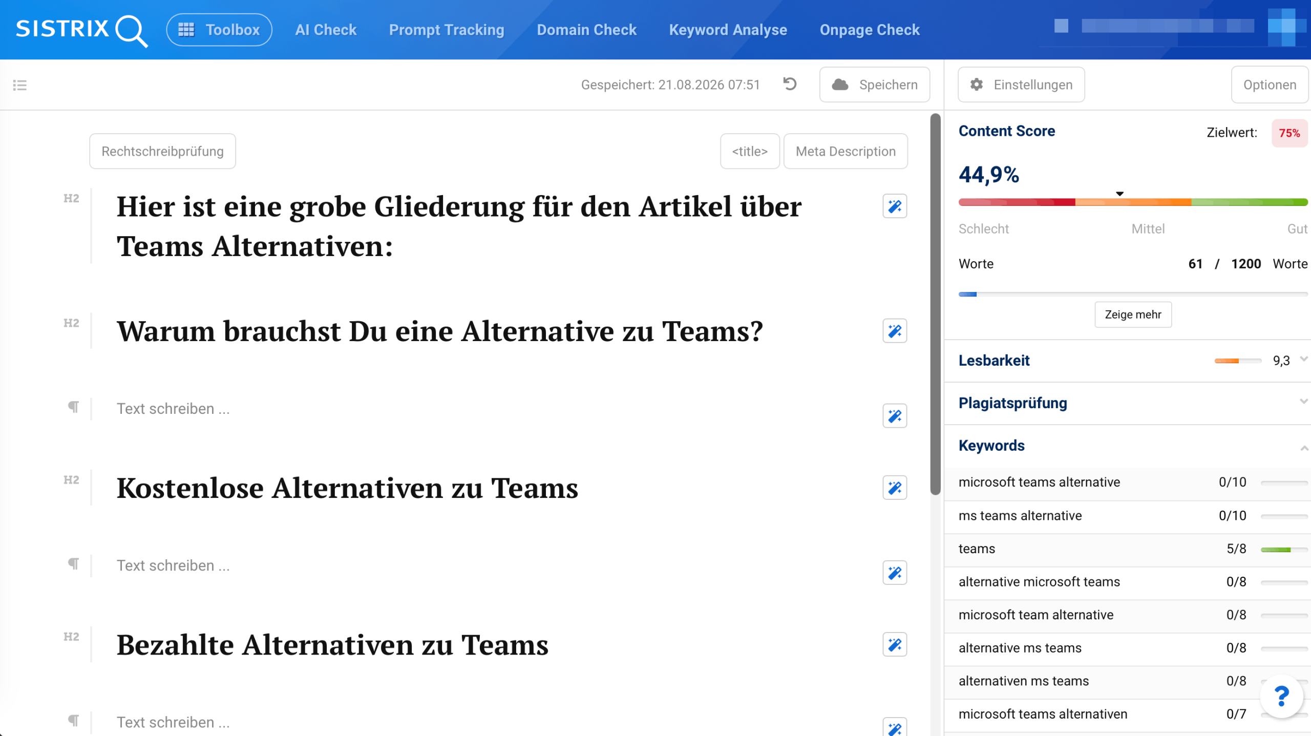Content Assistant in SISTRIX mit Gliederungsvorschlag und Content Score im Editor