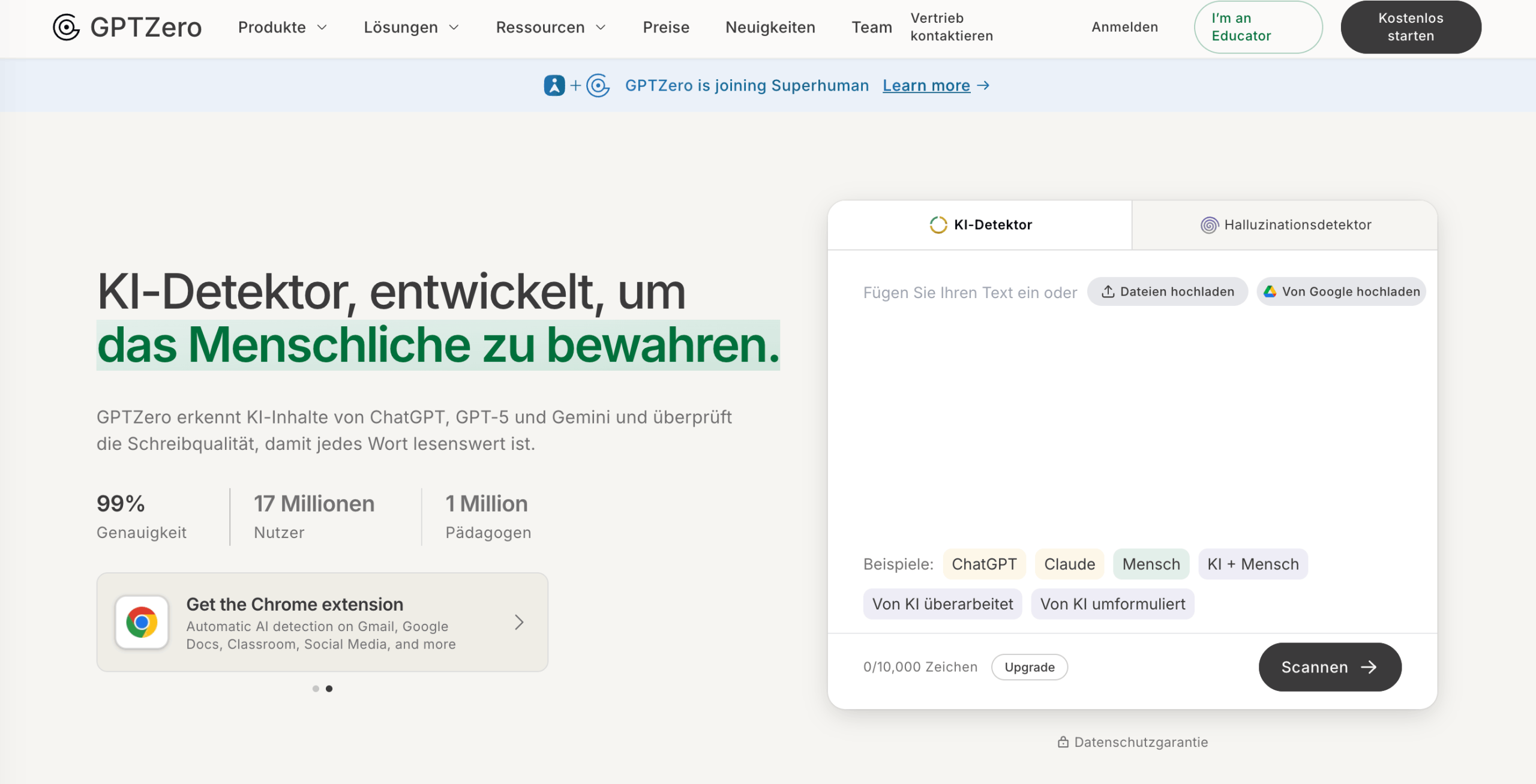 GPTZero Homepage Startseite von GPTZero