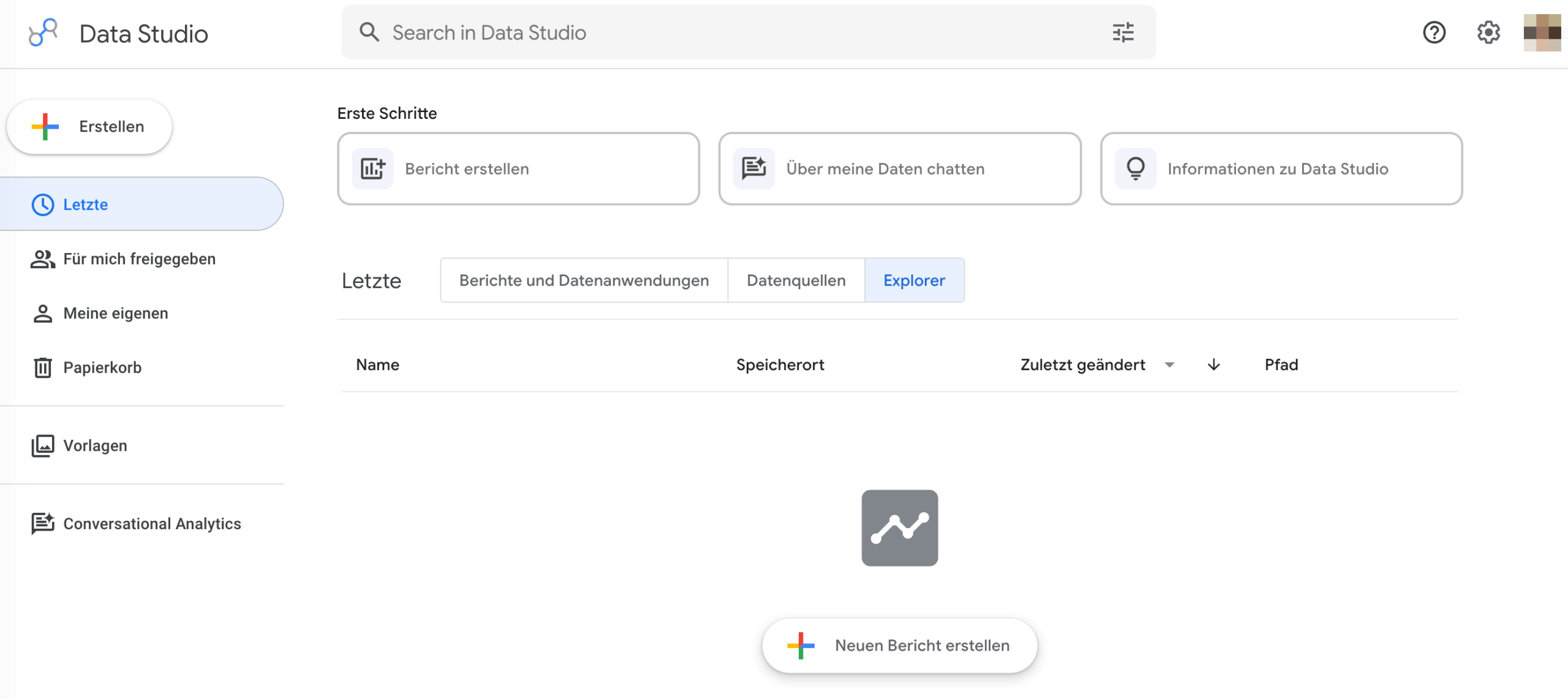 Hauptoberfläche von Data Studio Oberfläche von Data Studio