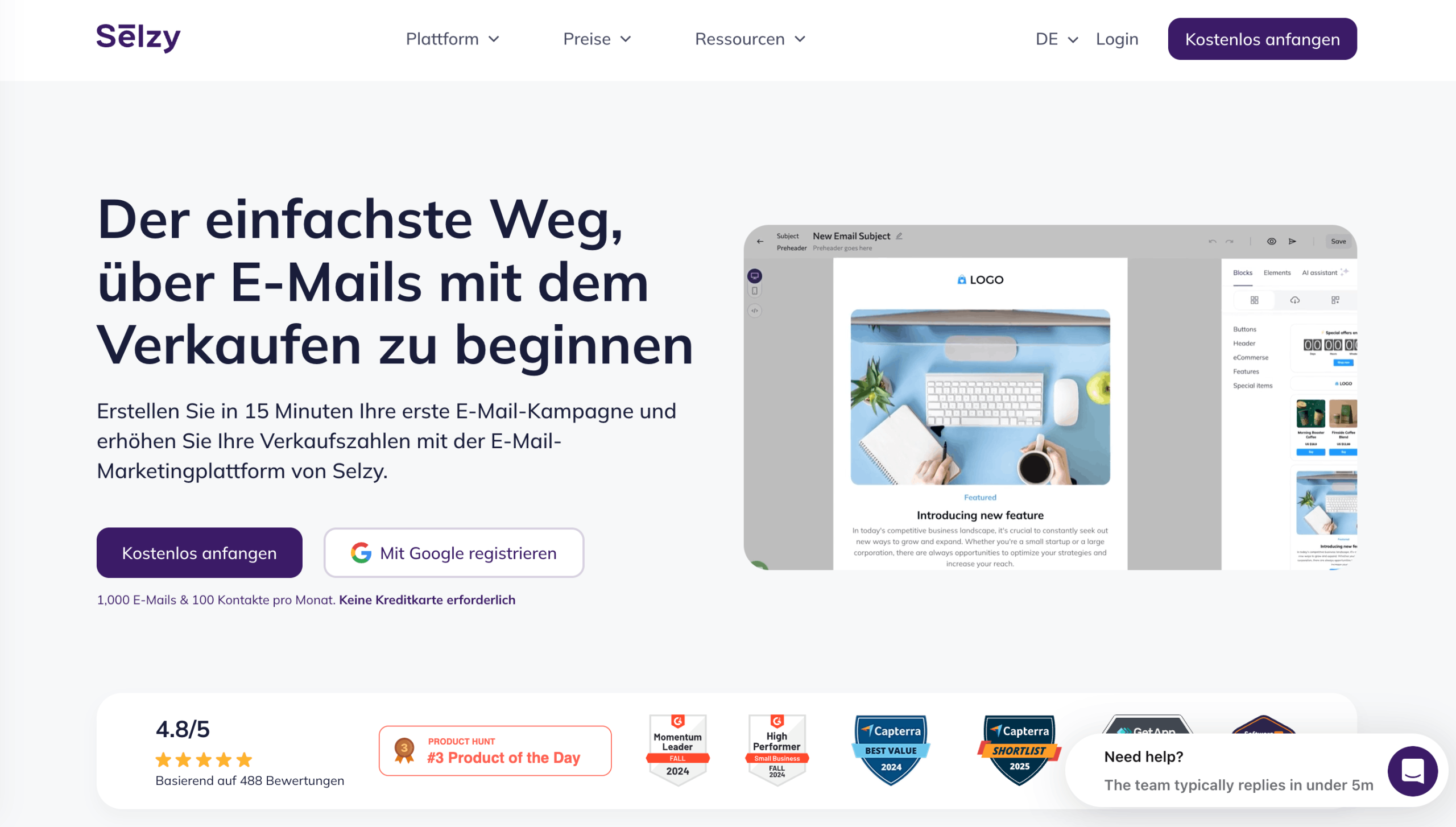 Selzy Homepage Startseite von Selzy