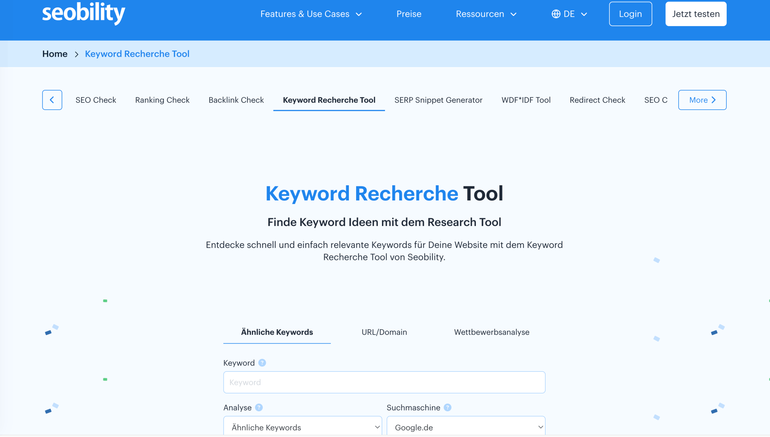Keyword-Recherche-Tool von Seobility Homepage Startseite des Keyword-Recherche-Tools von Seobility