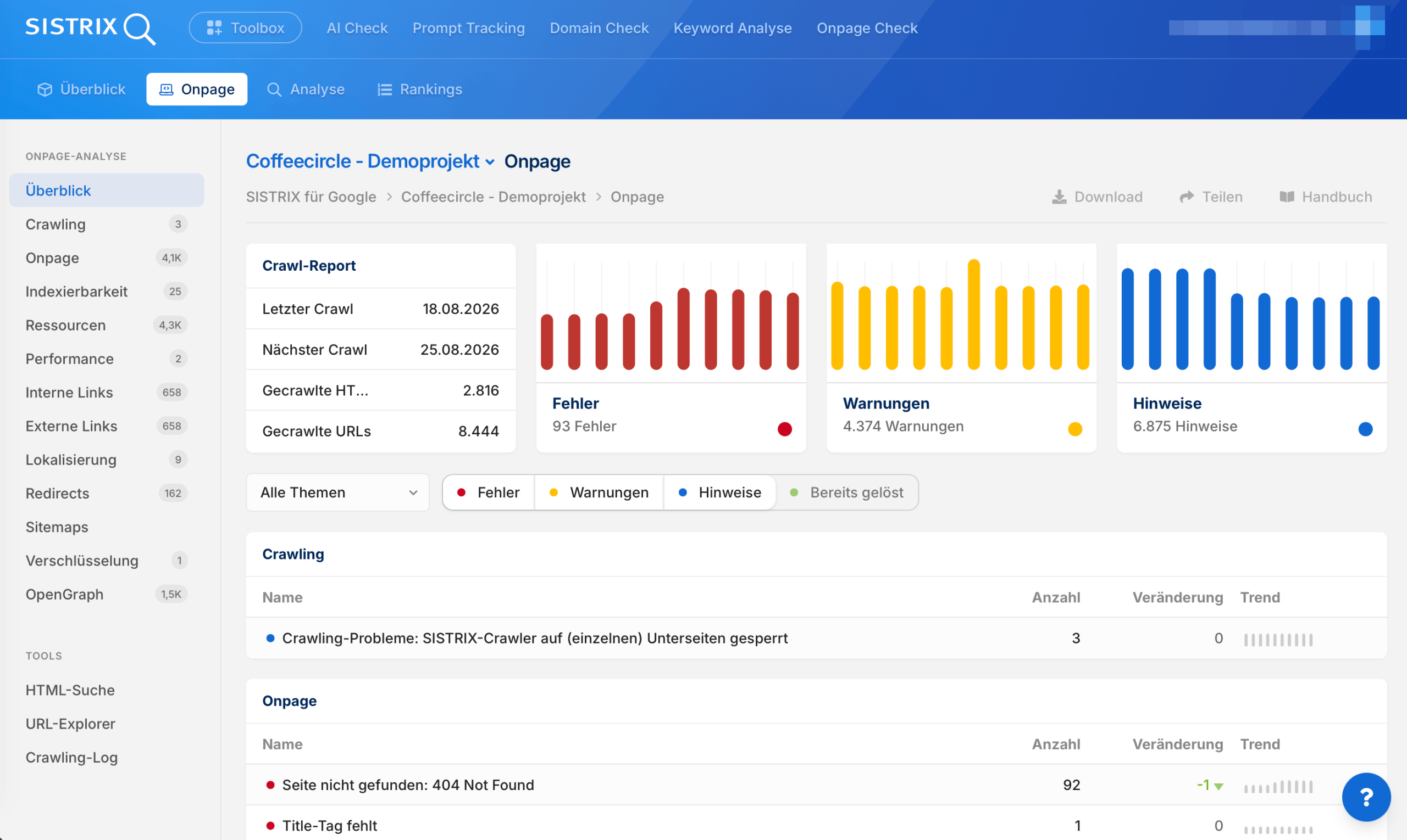 Onpage-Audit in SISTRIX mit Fehlern, Warnungen und Hinweisen