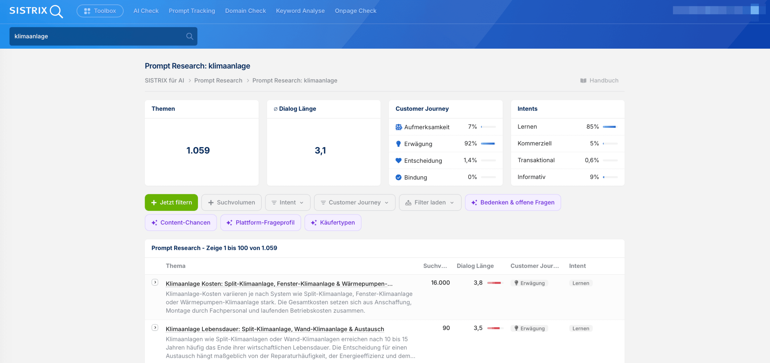 Prompt Research in SISTRIX mit Vorschlägen für Prompts der KI-Suche