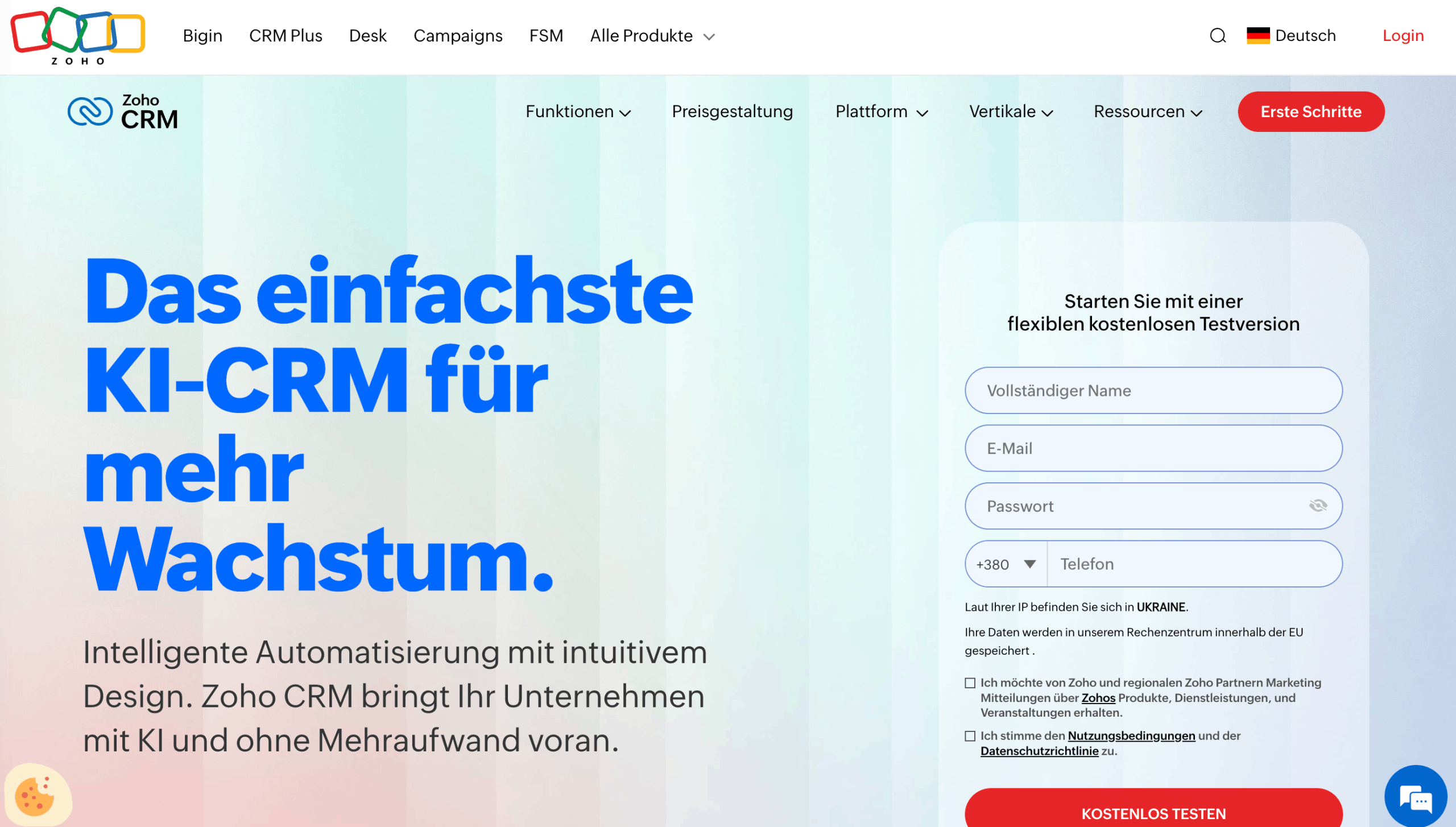 Zoho CRM Homepage Startseite von Zoho CRM