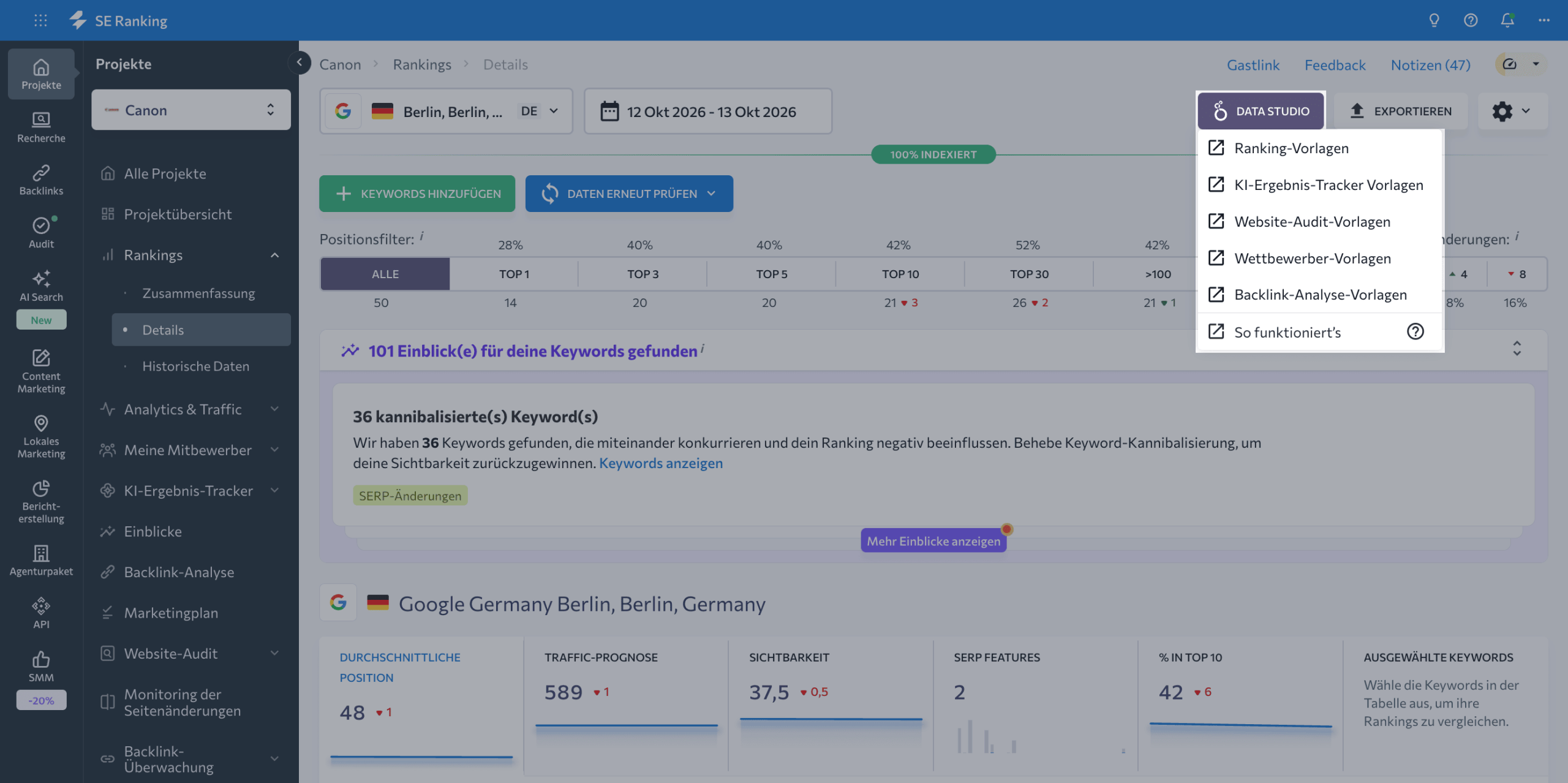 Google Data Studio Integration in SE Ranking SE Ranking Integration mit Data Studio