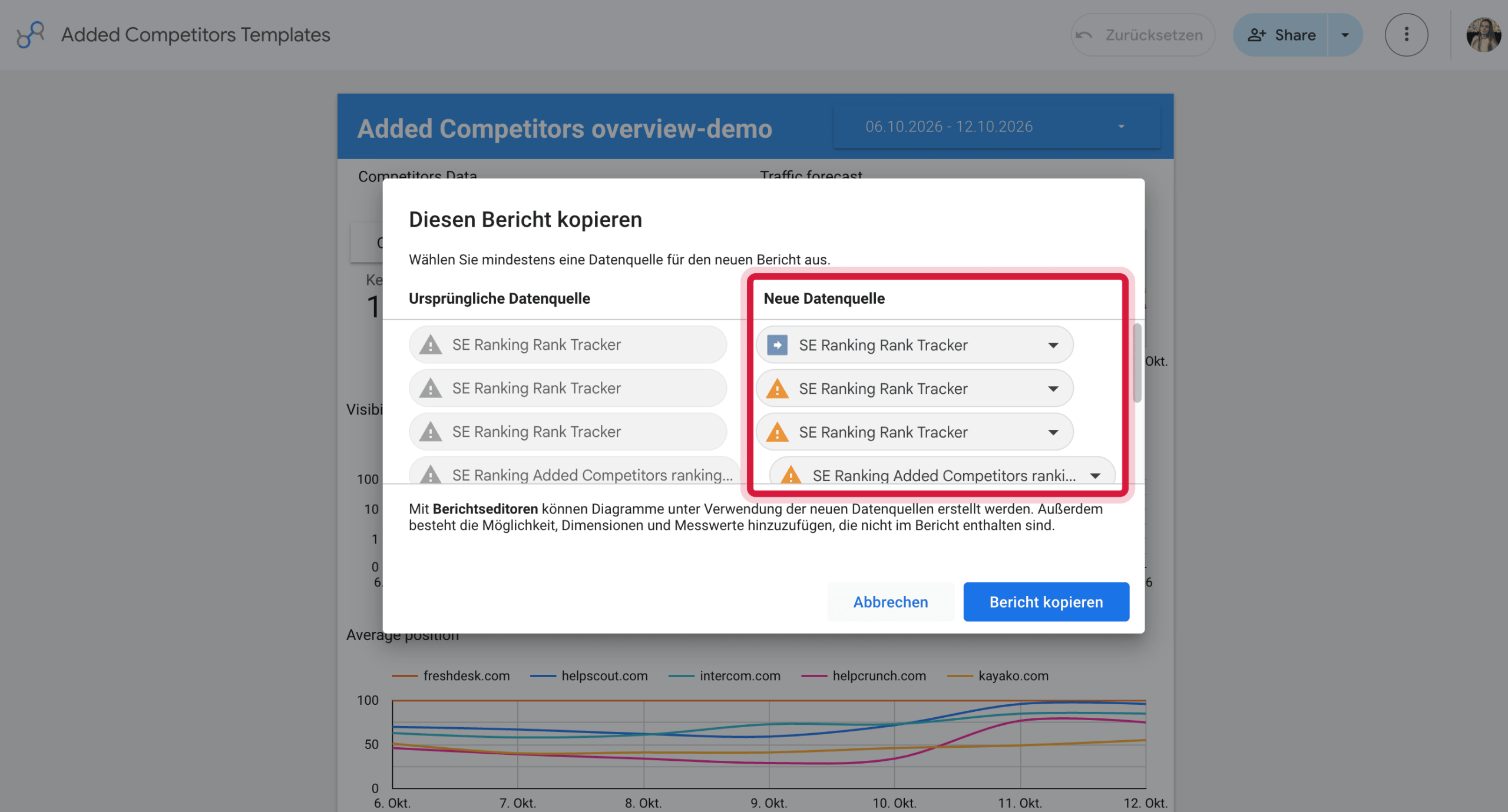Vorlage von SE Ranking in Data Studio mit eigenen Daten anpassen Report-Vorlage von SE Ranking in Data Studio anpassen