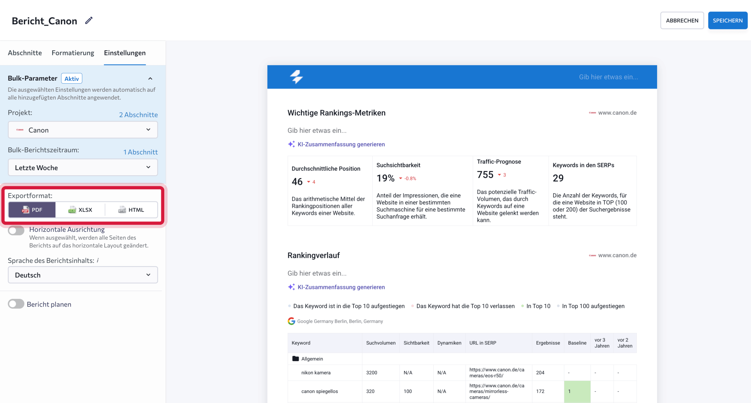 Report als PDF, XLSX oder HTML herunterladen Exportformate im SEO-Reporting-Tool von SE Ranking