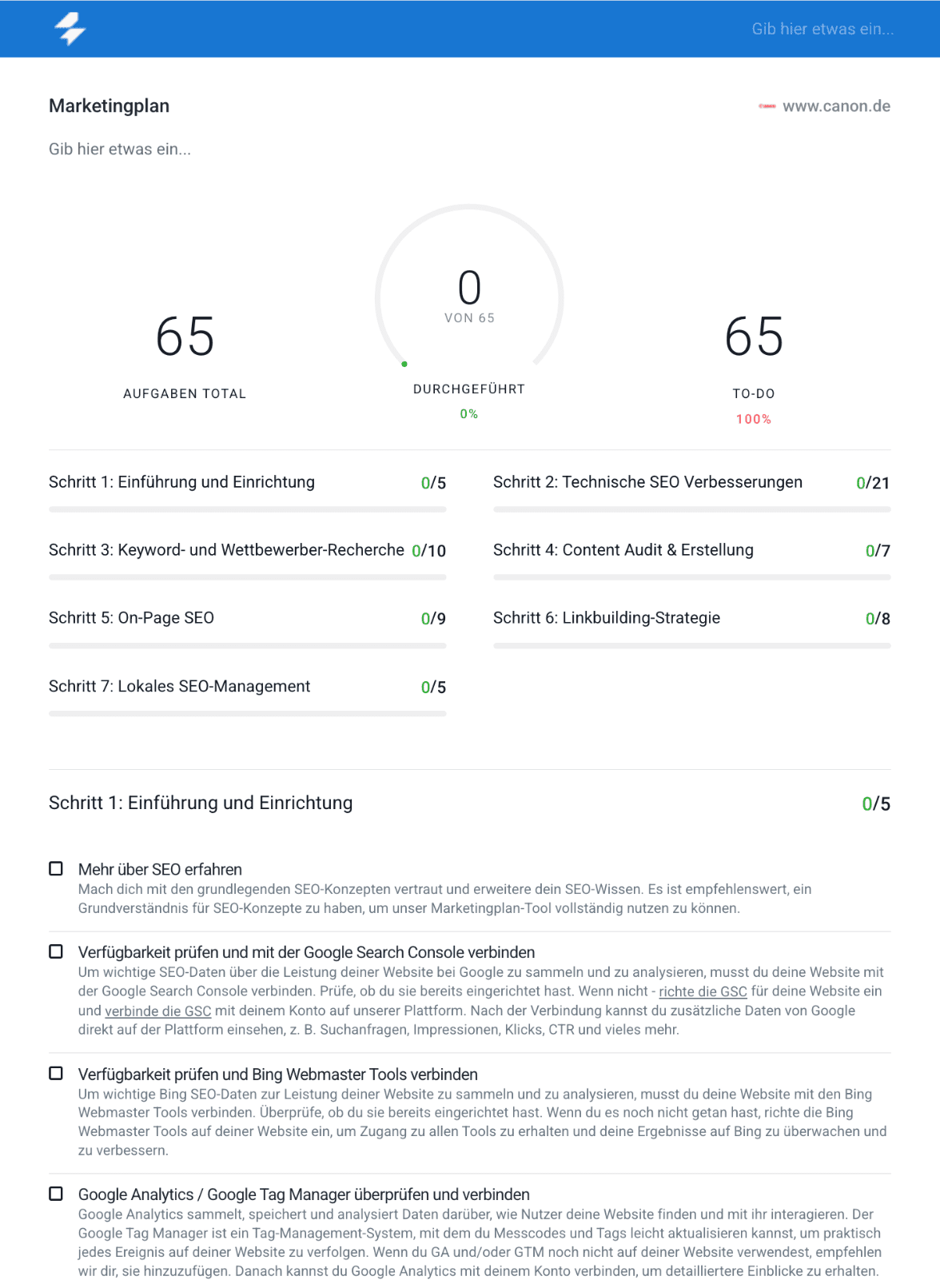 Marketingplan im SEO-Reporting-Tool von SE Ranking Beispiel für einen Marketingplan im SEO-Reporting-Tool von SE Ranking