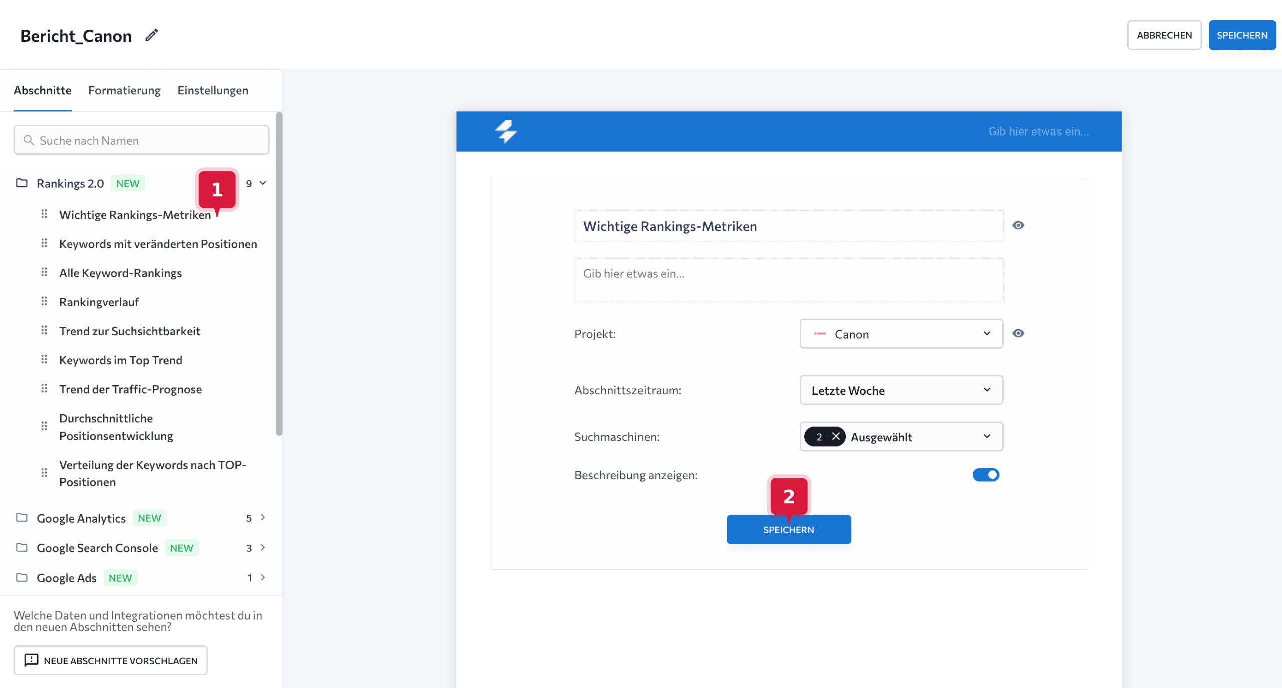 Report-Layout mit SE Ranking erstellen Report-Layout im SEO-Reporting-Tool von SE Ranking aufbauen