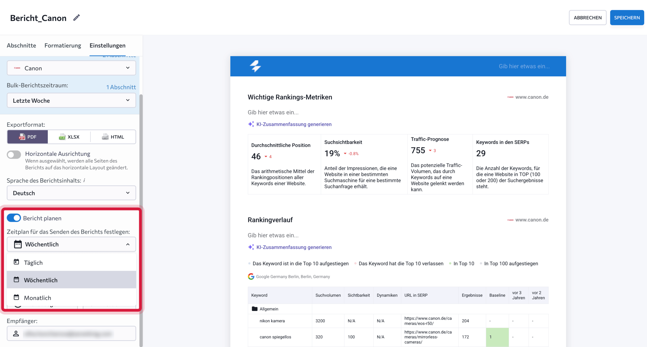 Versandplan für Reports in SE Ranking festlegen Option „Bericht planen“ im SEO-Reporting-Tool von SE Ranking
