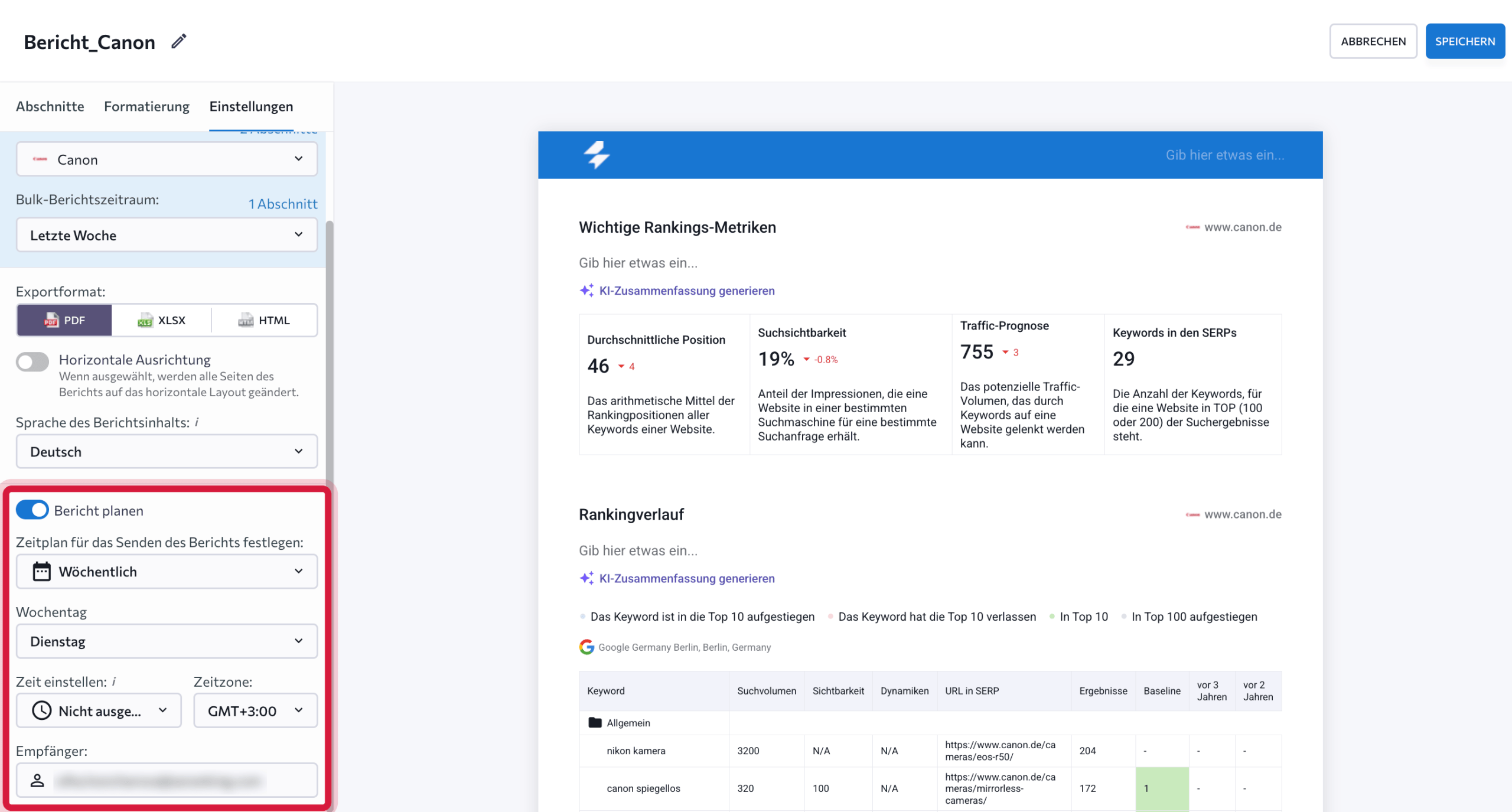 Geplanter Versand im SEO-Reporting-Tool von SE Ranking Report-Versand in SE Ranking planen