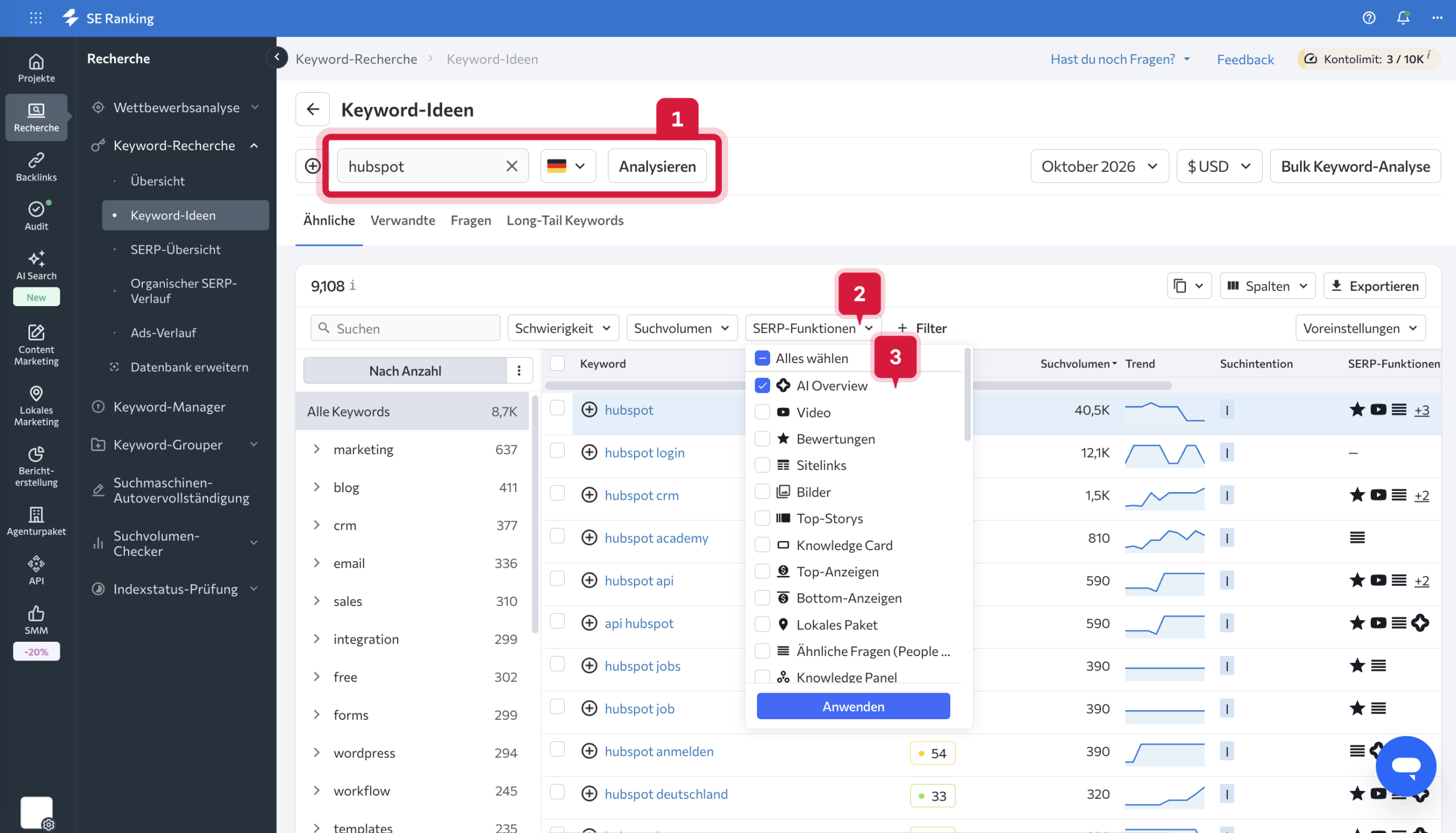 AI Overviews in der Keyword-Recherche von SE Ranking filtern Keyword-Recherche in SE Ranking: Brand-Keyword hubspot mit Filter für SERP-Funktionen, AI Overview ausgewählt