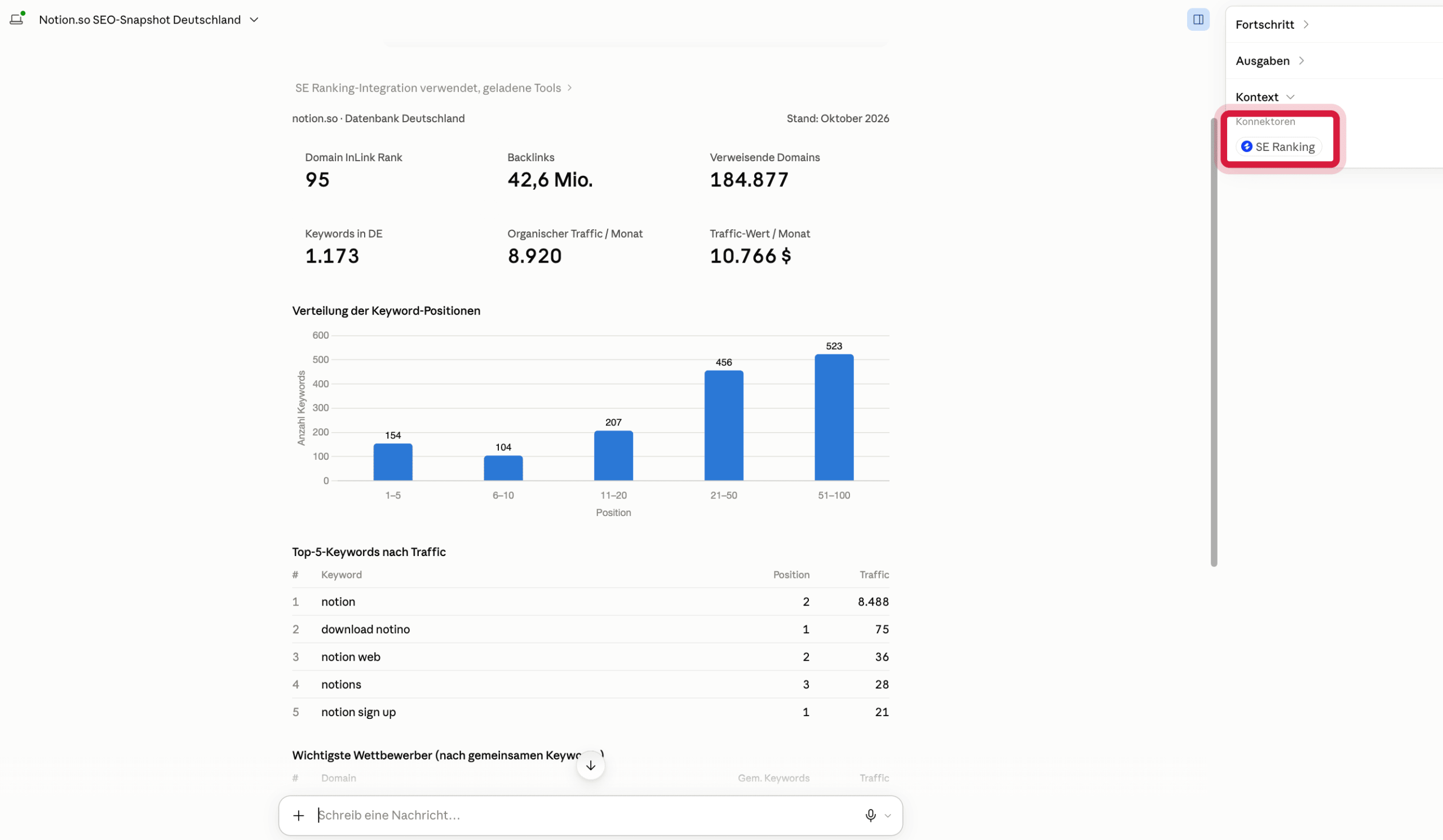 SEO-Report mit dem MCP-Connector von SE Ranking SE Ranking MCP in Claude Cowork