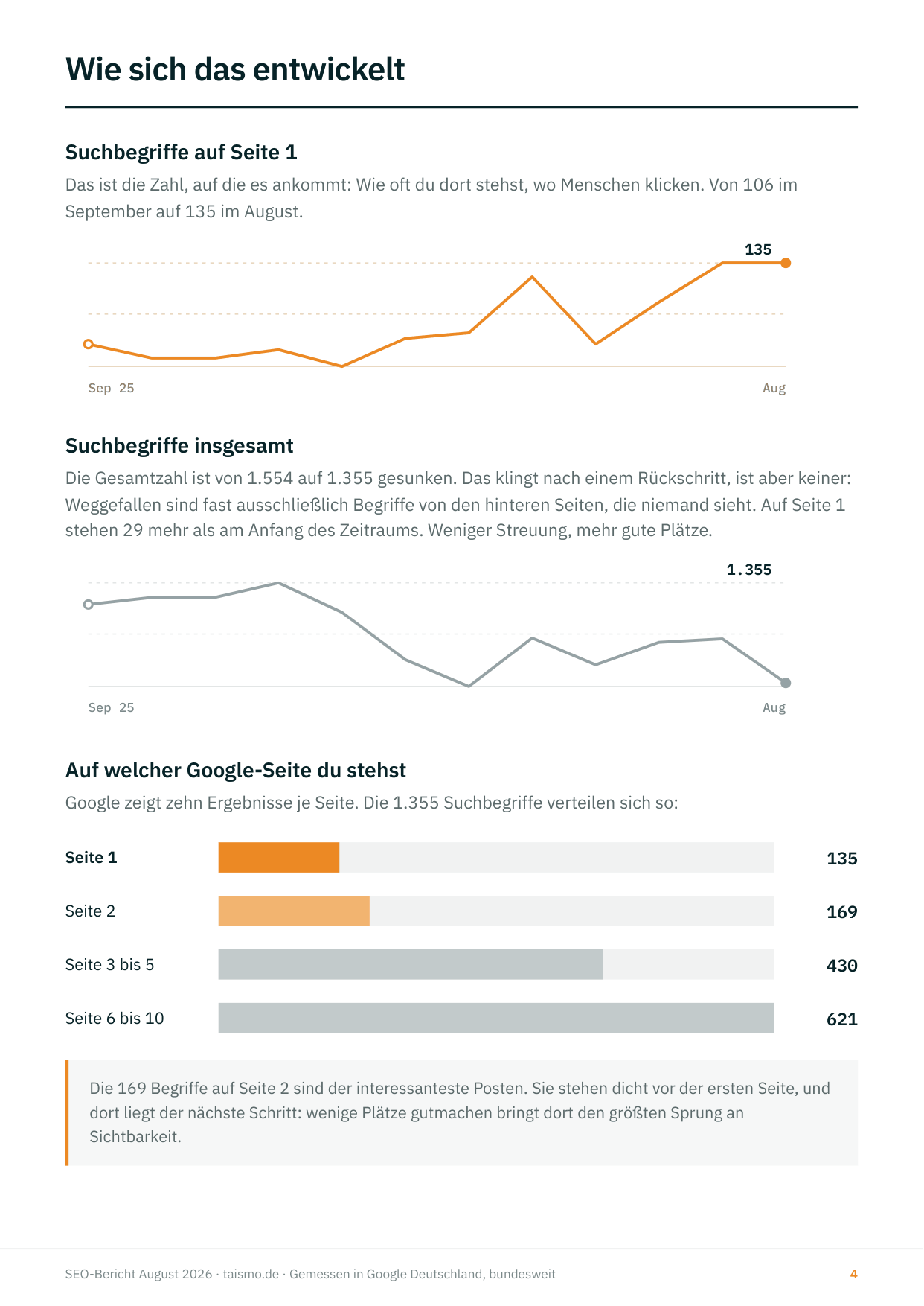 Automatisierter Kundenreport von taismo Seite aus dem automatisierten SEO-Monatsreport von taismo mit Daten aus der SE Ranking API