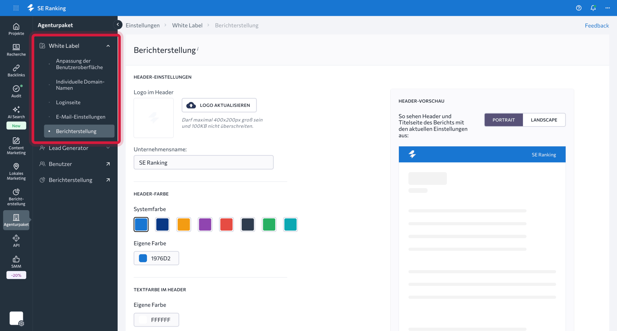White-Label-Feature im SEO-Reporting-Tool von SE Ranking White-Label-Option in SE Ranking