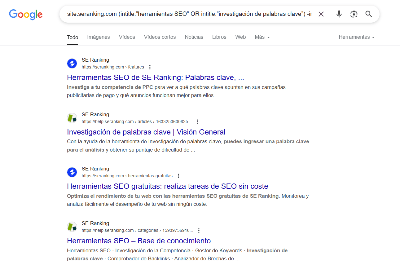 site:seranking.com (intitle:”herramientas SEO” OR intitle:”investigación de palabras clave”) -inurl:blog