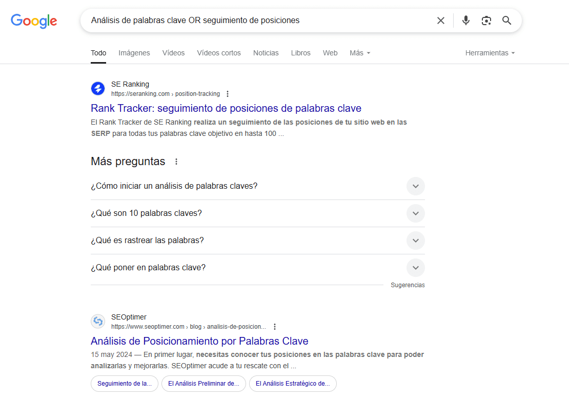 Análisis de palabras clave OR seguimiento de posiciones