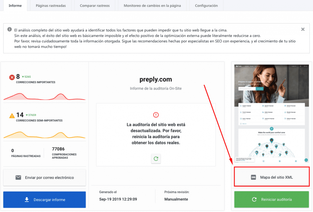 Generar un XML sitemap con la ayuda de SE Ranking
