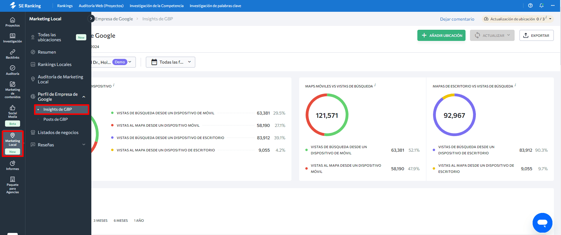 Ficha GBP en el módulo de Marketing local