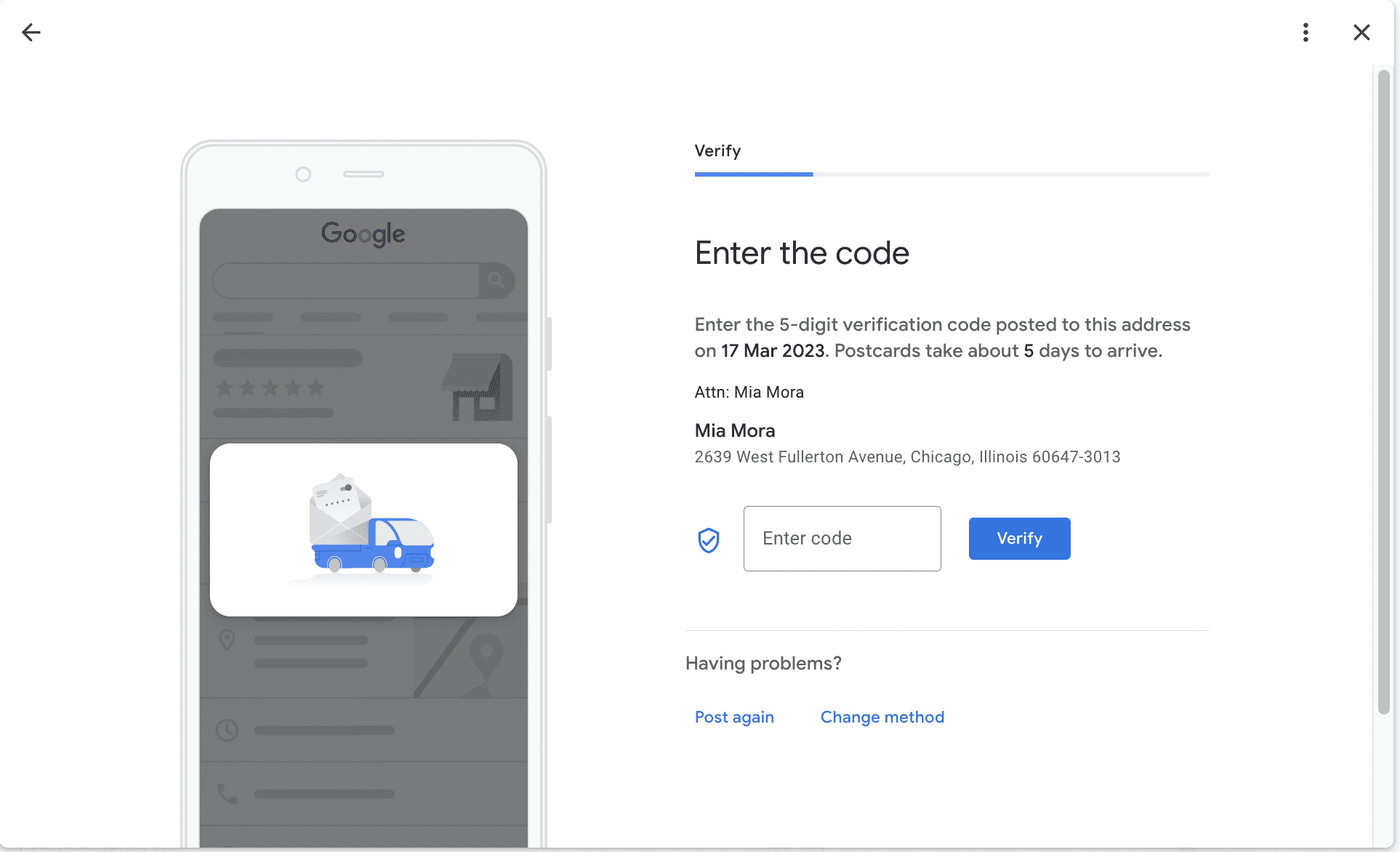 Introducir código de verificación desde la tarjeta postal