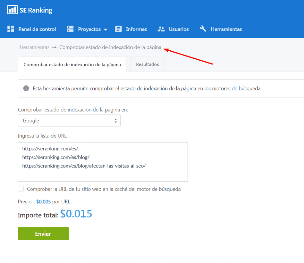 Comprobar el estado de indexación en SE Ranking