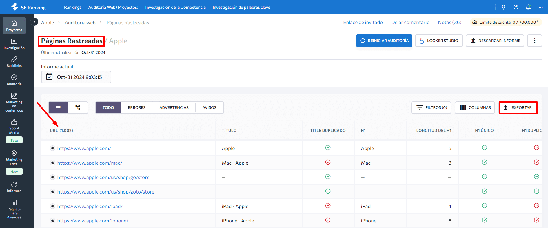 Páginas rastreadas de auditoría de sitios web