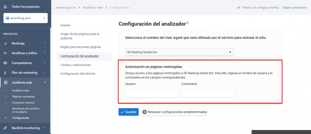 contraseña en la configuración