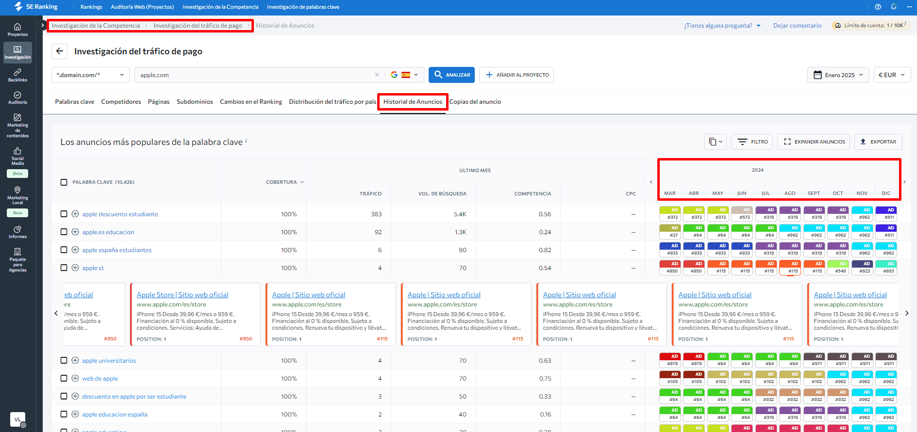 Historial de anuncios de Google Ads en SE Ranking