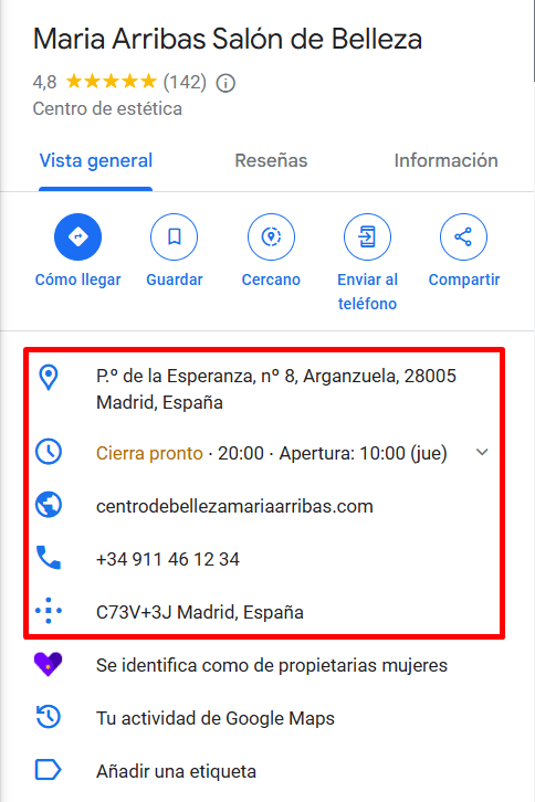 Información de negocios en Google Maps