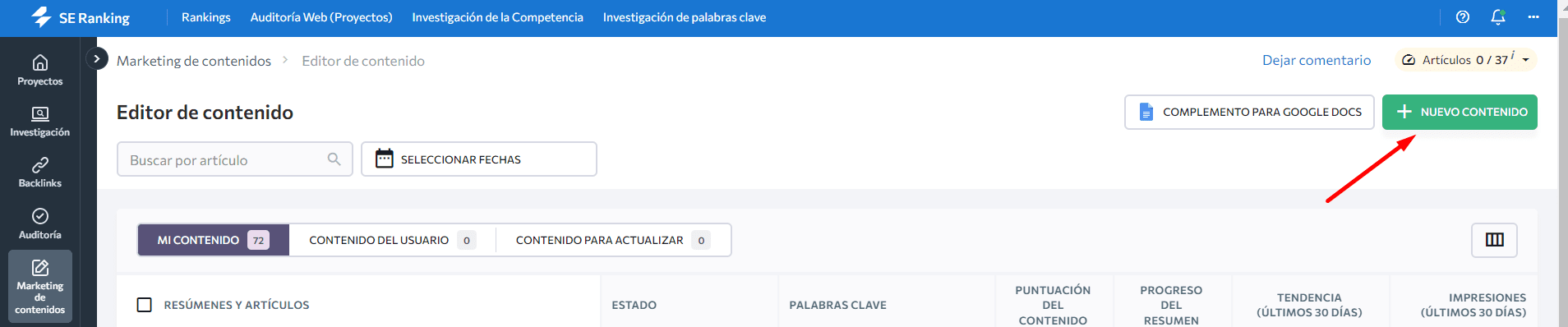 Botón de nuevo contenido en el editor de contenido