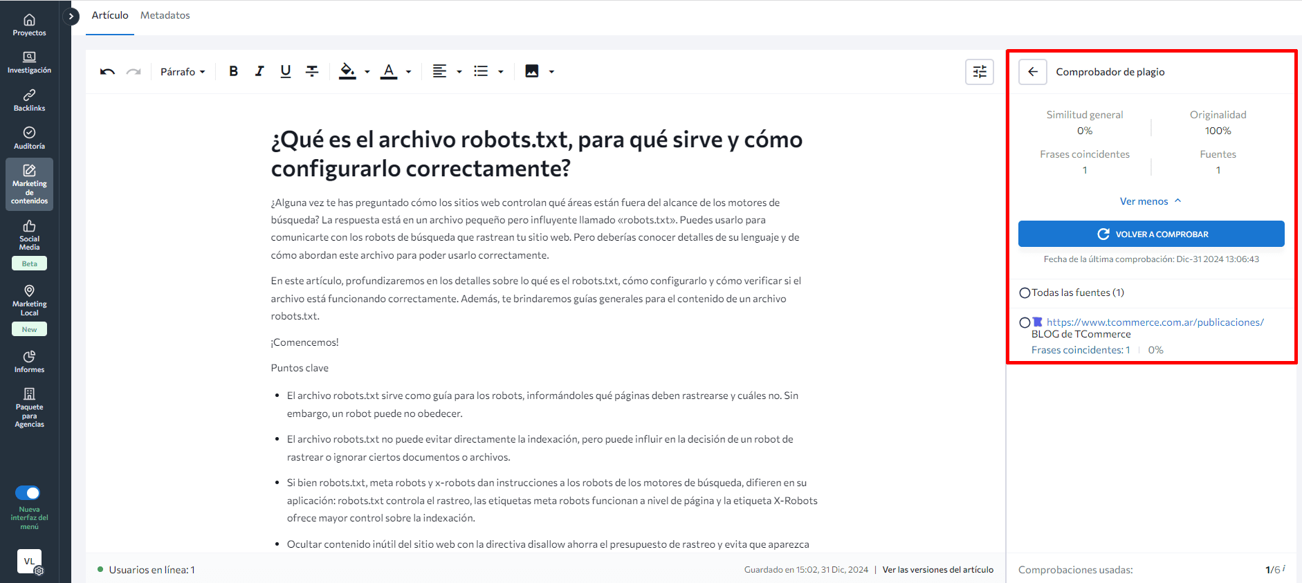 Comprobador de plagio en el editor de contenido