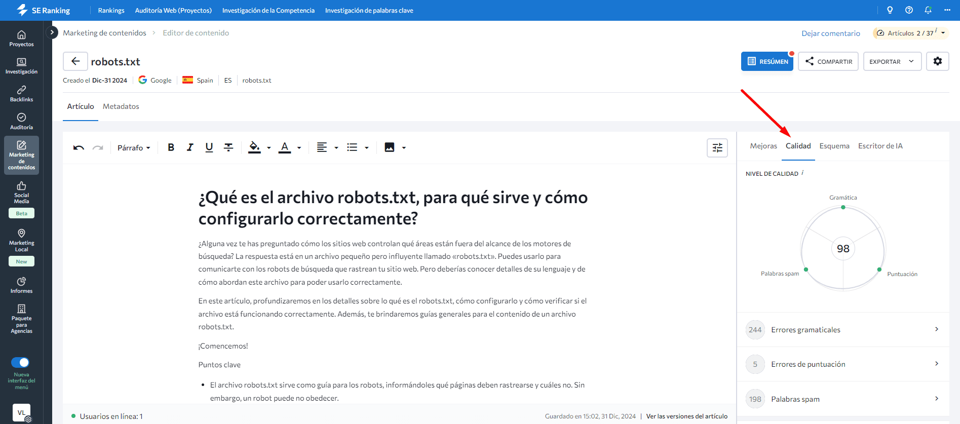 Pestaña de calidad en el editor de contenido