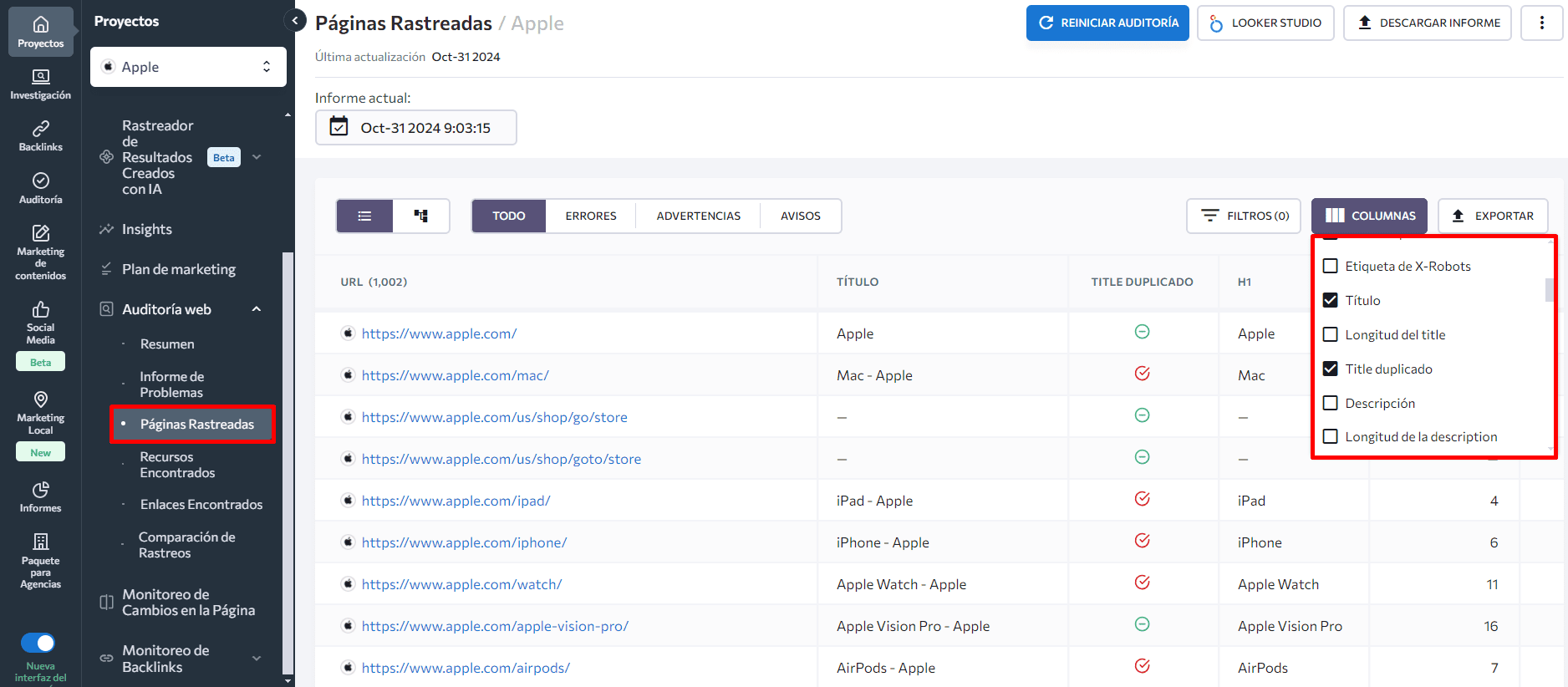 Pestaña de páginas rastreadas en Auditoría del sitio web