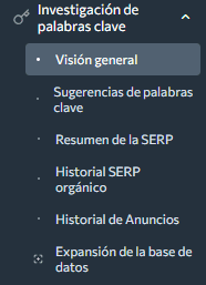 Menú investigación de palabras clave. 