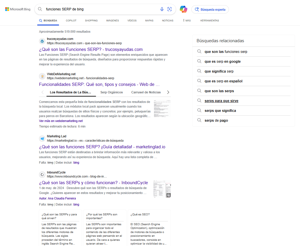 Captura de pantalla de las funciones SERP de Bing