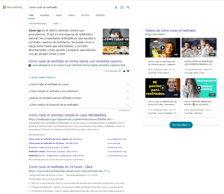Ejemplo de búsqueda con palabras claves en Bing
