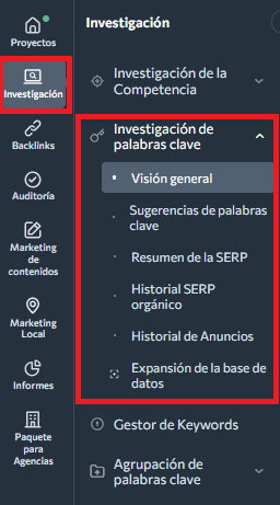 Menú investigación de palabras clave