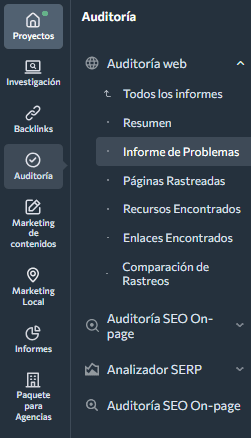 Acceso al menú de auditoría informe de problemas. 