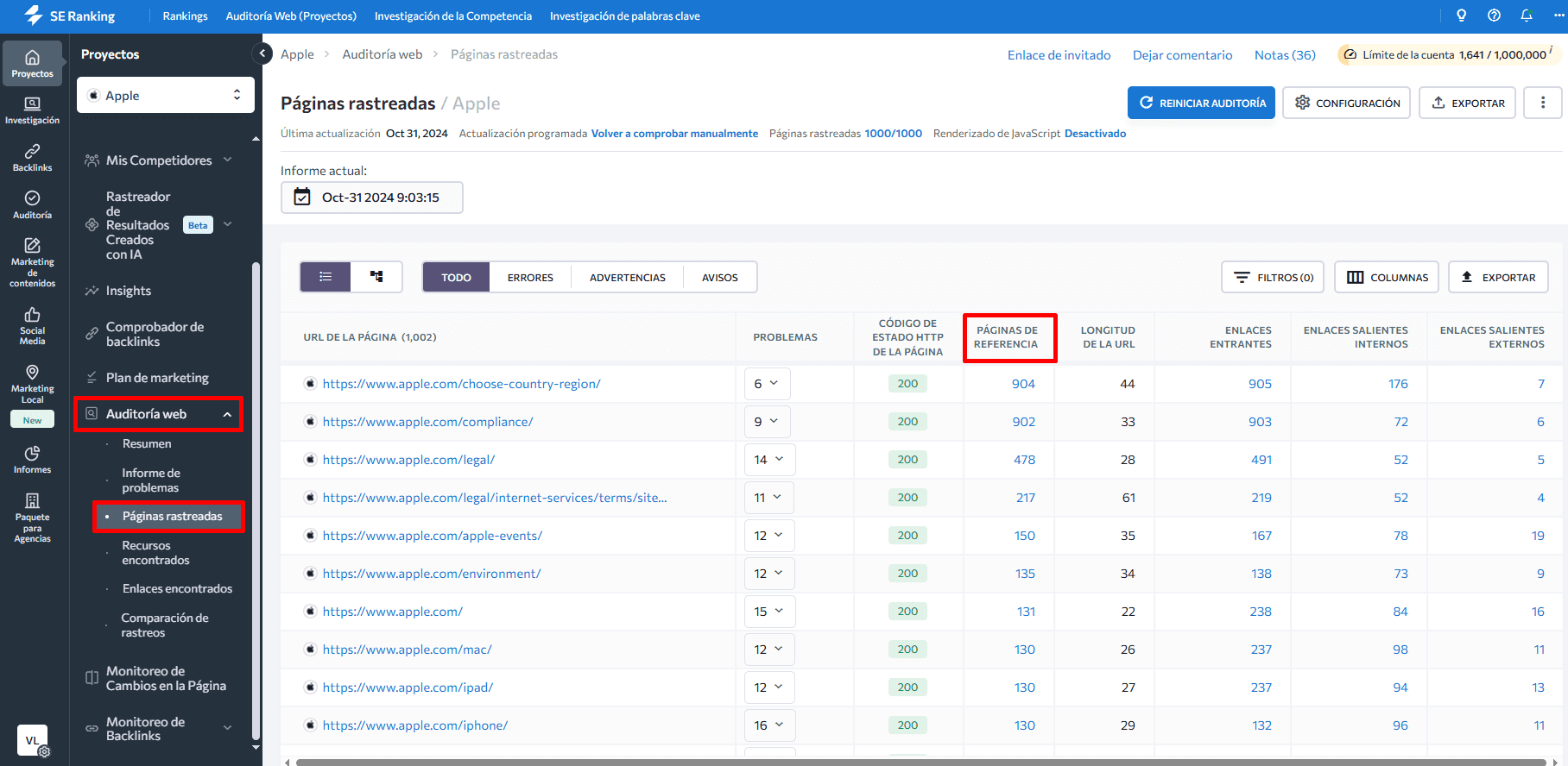Informe sobre las páginas rastreadas en la herramienta de auditoría del sitio web de SE Ranking 