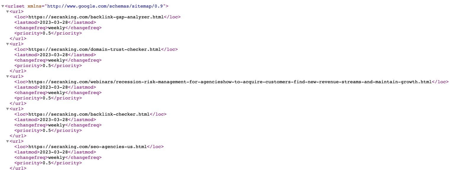 Código HTML para sitemap XML