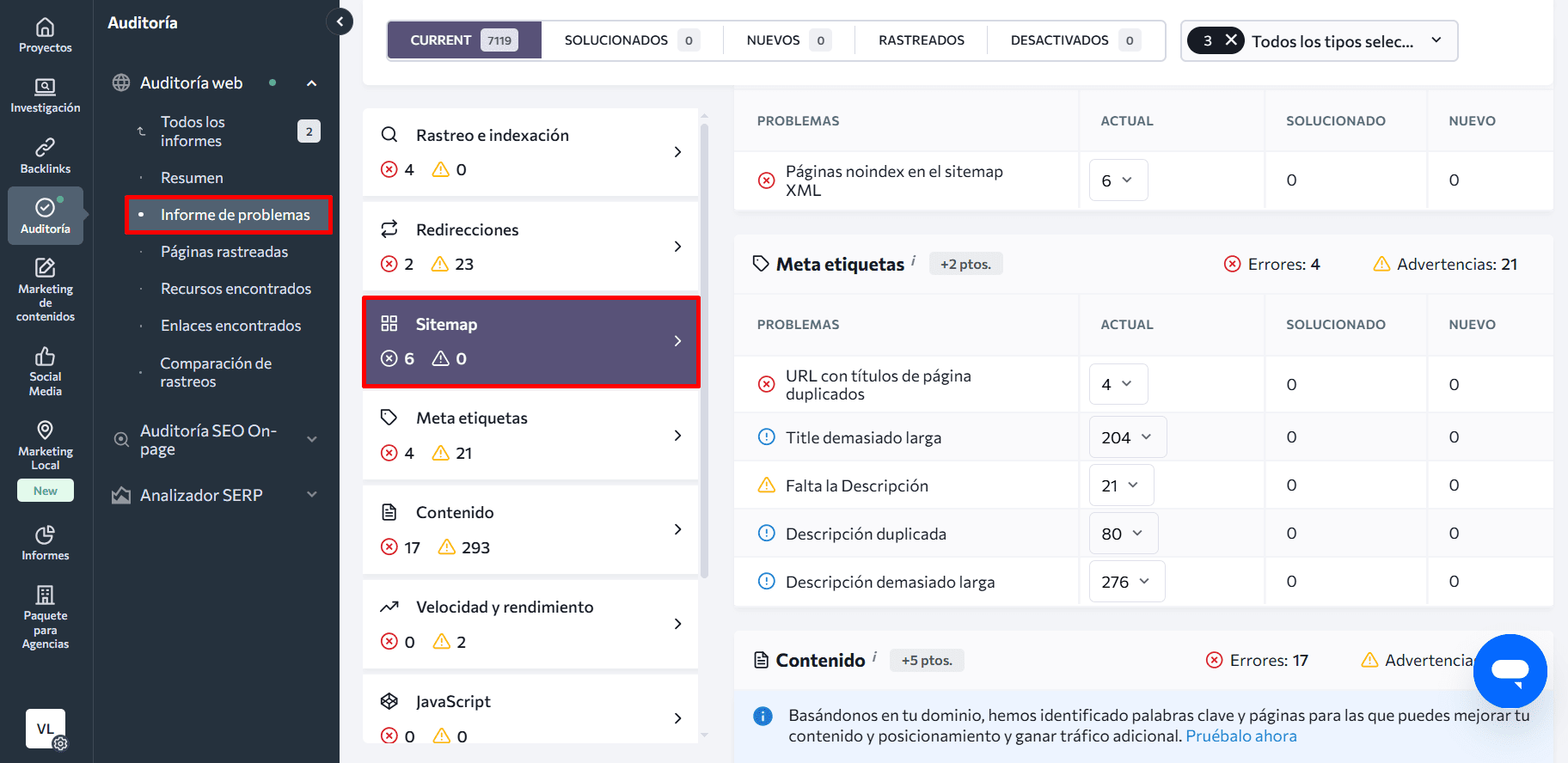 Errores relacionados con el sitemap en la herramienta de auditoría del sitio web