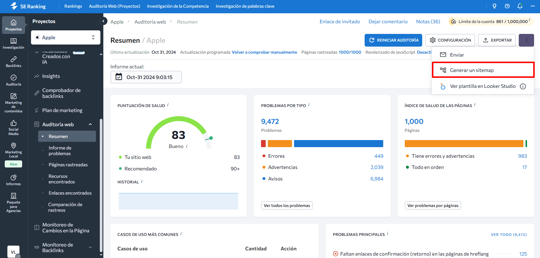 Generar un mapa XML con SE Ranking