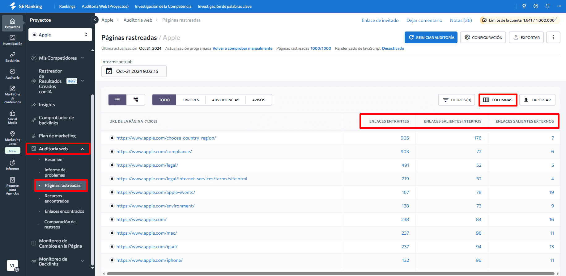 Análisis de enlaces a sitios web con SE Ranking