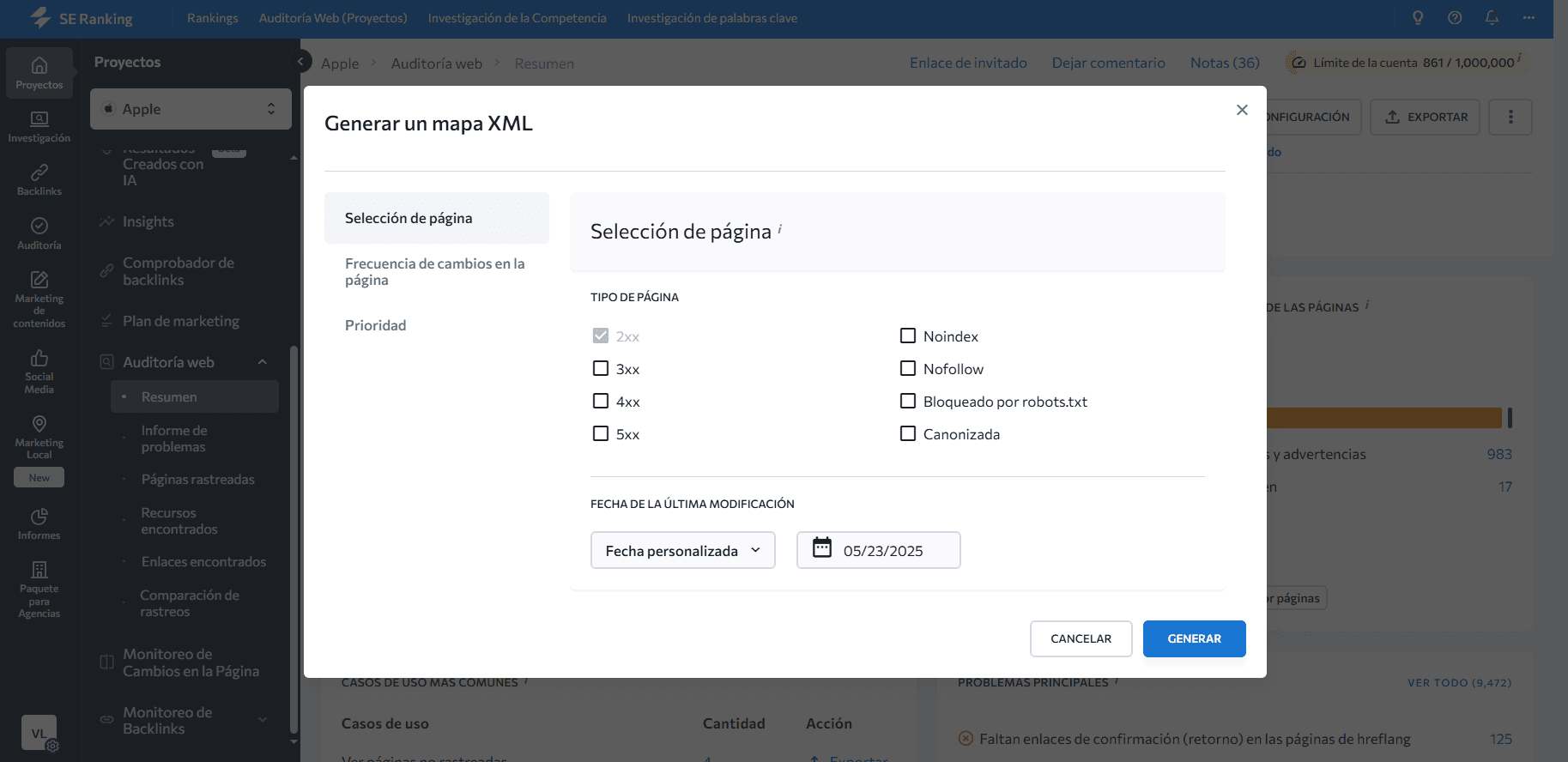 Cómo generar mapa XML en SE Ranking